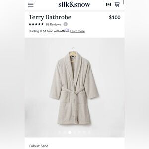 $113 NWT Silk&Snow 100% Egyptian Cotton Terry Bathrobe, Sand XS/S